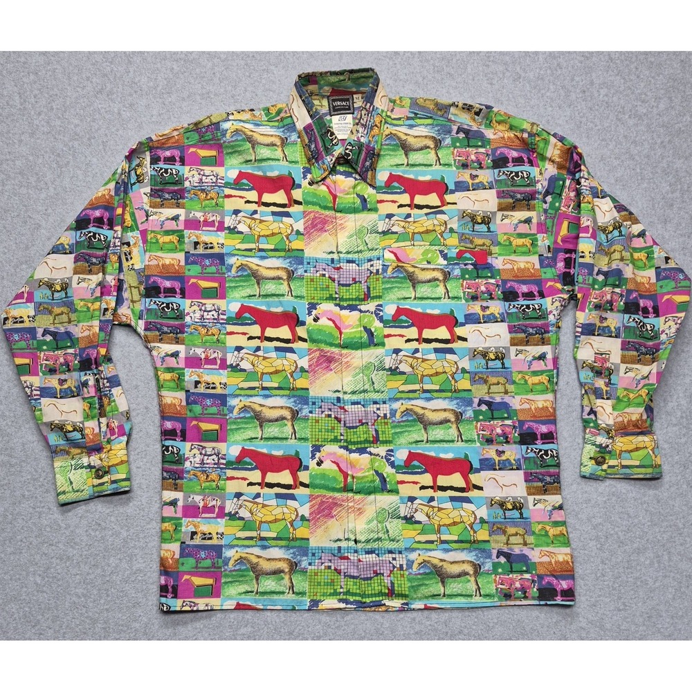 Vintage Versace Jeans Couture Shirt Mens M Ittierre Horse AOP Multicolor Italy